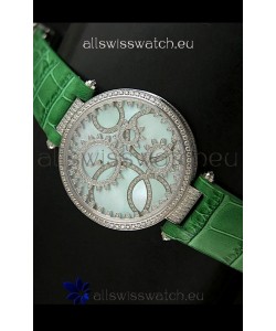 Cartier Replica Watch with Diamonds Embedded Dial Bezel in Steel Case/Green Strap