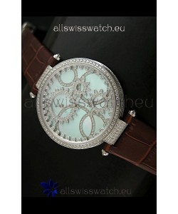 Cartier Replica Watch with Diamonds Embedded Dial Bezel in Steel Case/Brown Strap