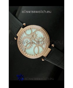 Cartier Replica Watch with Diamonds Embedded Dial Bezel in Gold Case/Black Strap