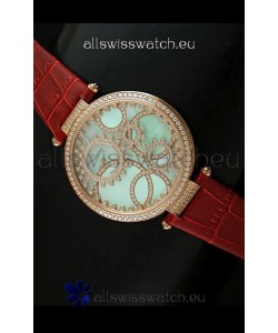 Cartier Replica Watch with Diamonds Embedded Dial Bezel in Gold Case/Brown Strap